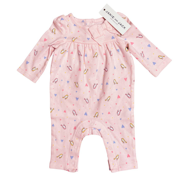 JANIE & JACK Pink Bird Confetti Heart Print Romper New w Tag 0-3 - Picture 1 of 3